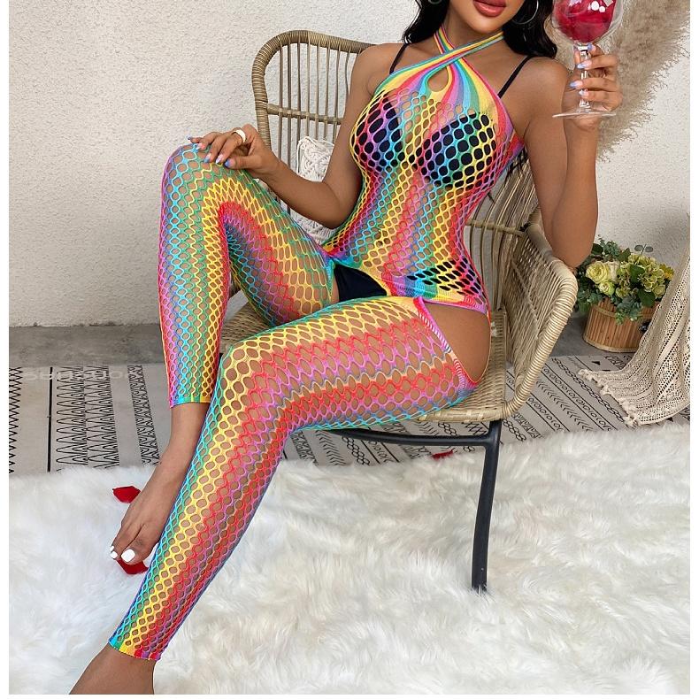 Colorful Stripes Sexy Hollow Stretch Porn Fishnet Erotic Lingerie for Women Female Crotchless Teddy Bodystockings Erotic Adult Female Sex Game Costume