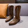 Vintage Western Cowboy Boots Versatile V-Mouth Embroidered Knight Boots Thick Heel Pointed Cowboy Boots