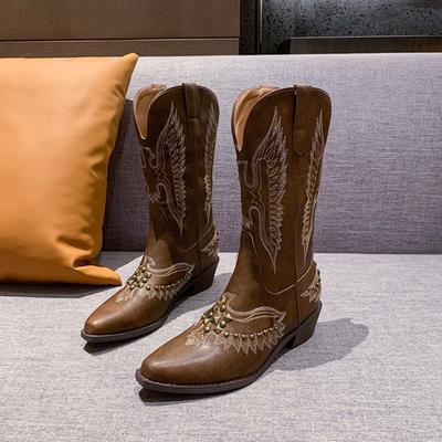 Винтажные ковбойские сапоги в стиле вестерн, универсальные рыцарские сапоги с вышивкой V-образным вырезом, ковбойские сапоги с острым носком и толстым каблуком
