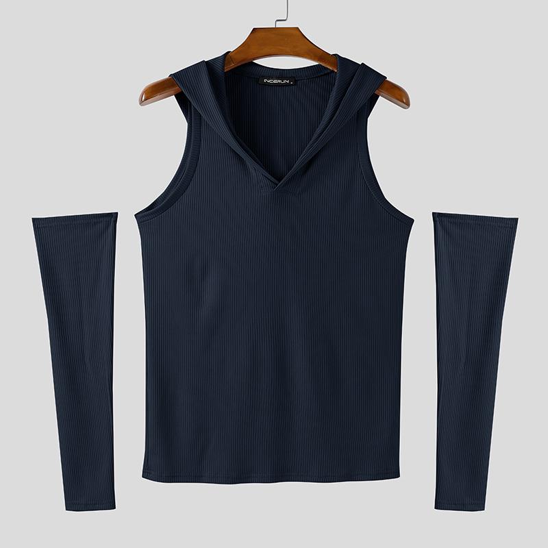 INCERUN Мужские безрукавные рубчатые повседневные облегающие майки с капюшоном и рукавами