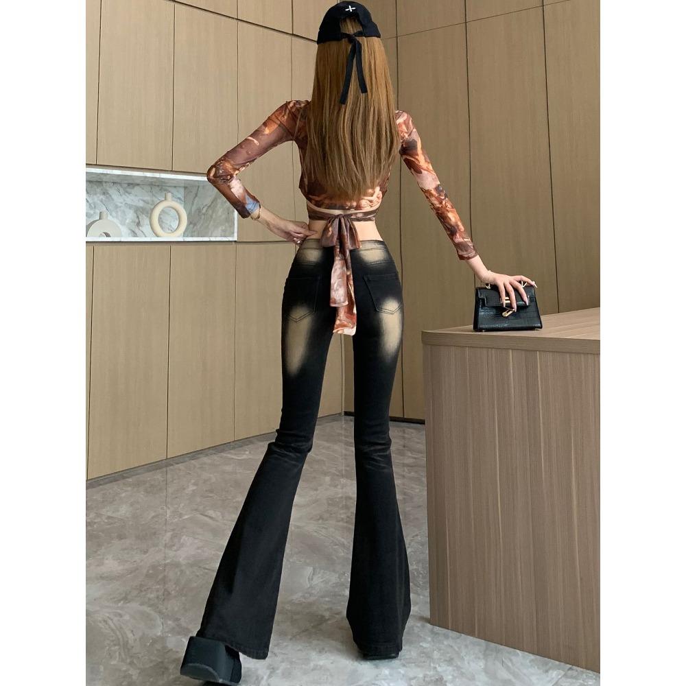 Стираные расклешенные джинсы с высокой талией, женские, в американском стиле, с узким поясом, джинсовые брюки Y2k Harajuku Hot Girl