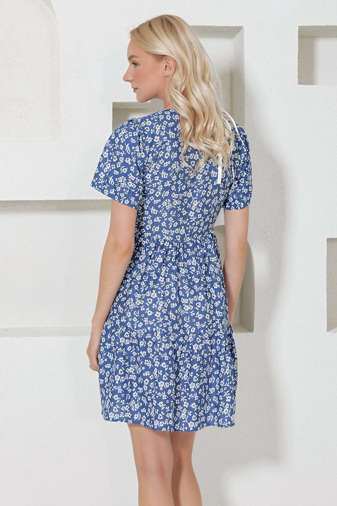 Женское платье, новый сезон, модная синяя юбка с v-образным вырезом и цветочным узором, тканое платье с воланами