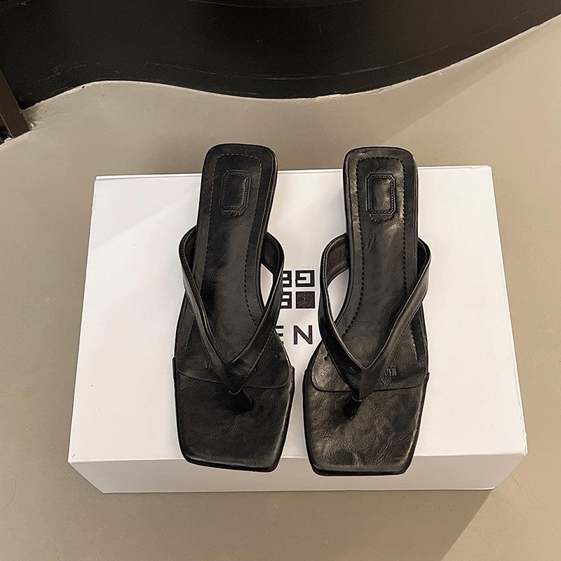 Весна и осень 2025 года новые шлепанцы на высоком каблуке французская мода простой стиль лакированная кожа шлепанцы на тонком каблуке