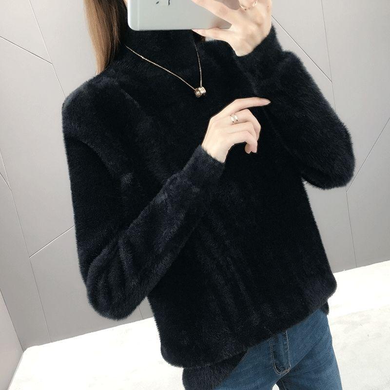Half Turtleneck Solid Color Long Sleeve Pullover Sweater Mink Cashmere Sweater Thicken