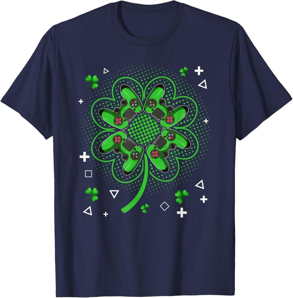 Gamer Shamrock Clover Controller St Patricks Day Graphic Tee Men Casual Trip T-Shirt
