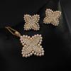 Elegant Floral Zircon Earring Clover Pendant Necklace Set Gold Tone Fashion Jewelry Women Men
