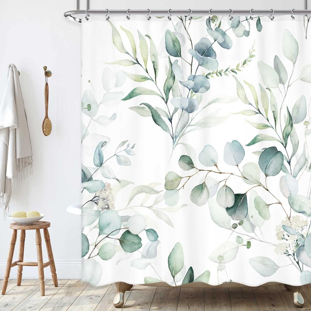 Tropical Green Leaves Plant On White Background Odorless Shower Curtains for Bathroom Showers and Bathtubs Decor with Hooks