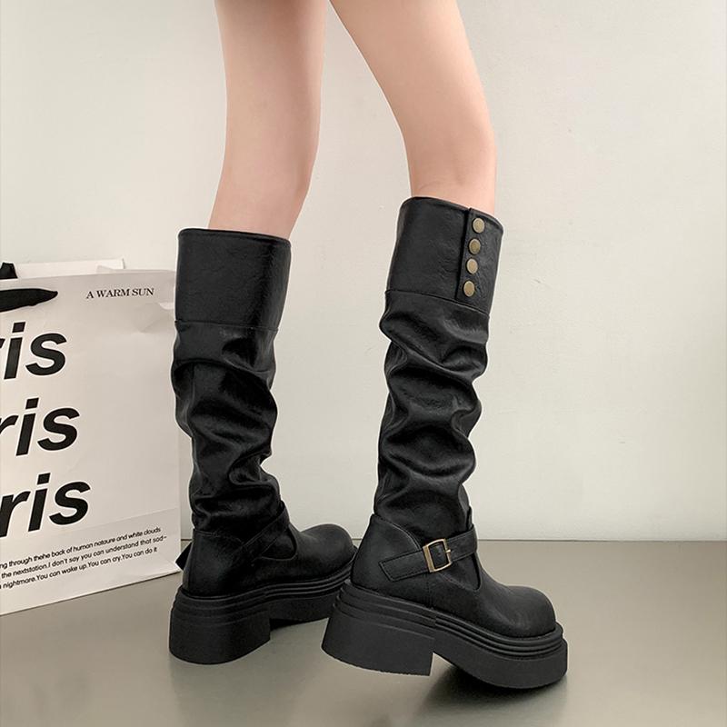 Мода Винтаж Коричневый Женщины Вестерн Ковбойские сапоги Мода Slip On Рыцарь Длинные Ботильоны Дамы Платформа Толстый Каблук Botas Mujer