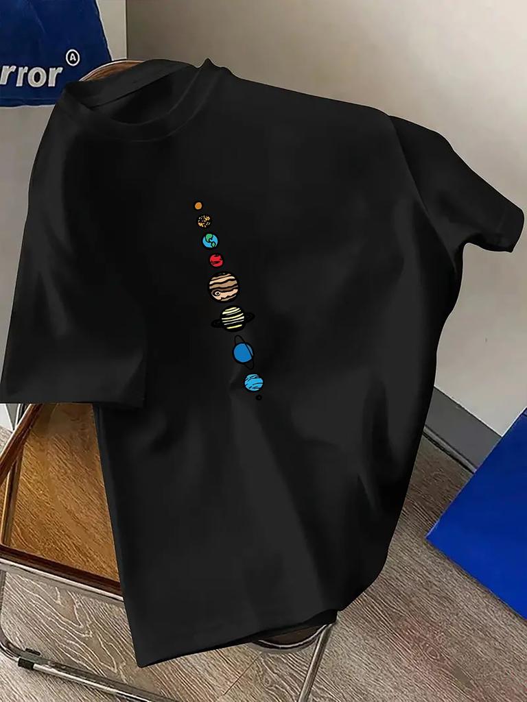 Men's T-Shirt - Vibrant Green Geometric Planet Print, Regular Fit Round Neck Casual & Sporty Summer Tee for Outdoor Activities