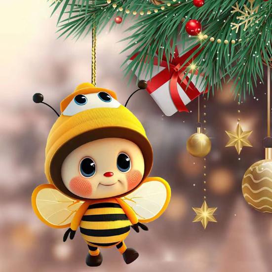 Cartoon Bee Pendant Double-Sided Print Acrylic Craft Handmade Cute Yellow Bee Christmas Tree Ornament for Home Office Car Wall Decoration