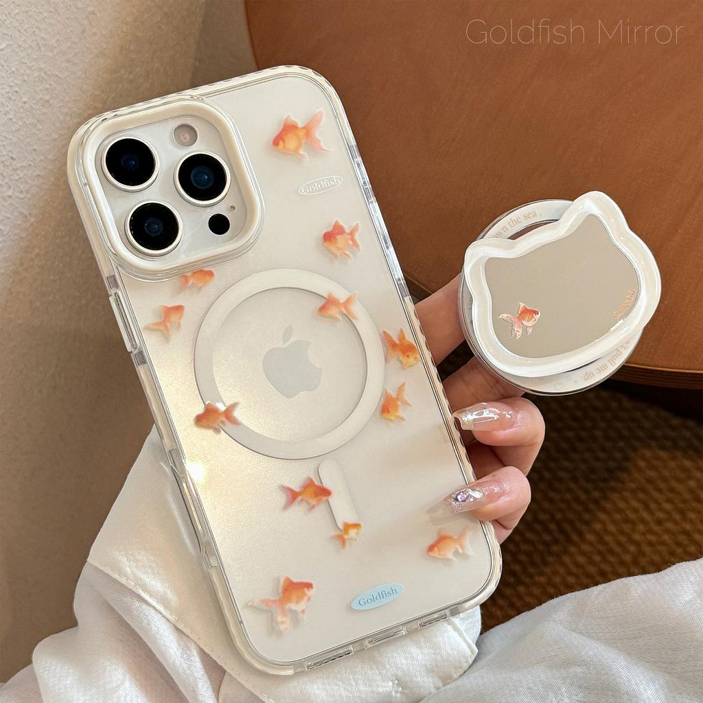 Mirror Cat Magnetic Snap Holder 16promax Transparent IPhone 15 Mobile Case Applicable To 13 Little Goldfish 14 Chinese Style