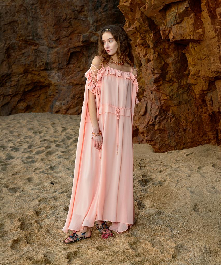 Aiseugadeuneiogongpal Off-Shoulder Chiffon Dress_Peach Cream