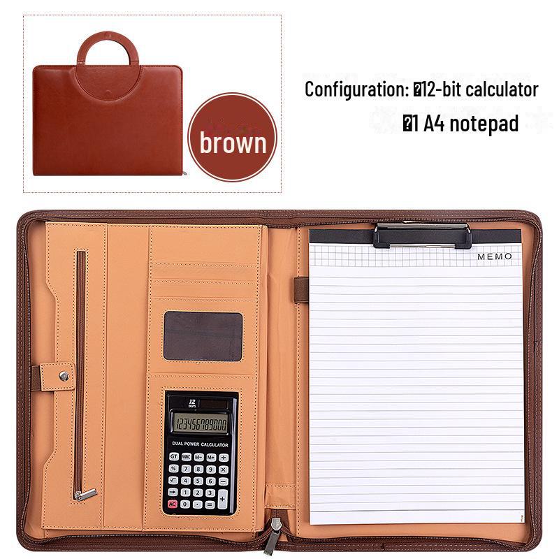 Кожаная папка для деловых бумаг формата А4 с калькулятором — портативная, многофункциональная папка на молнии для встреч с клиентами и проведения деловых операций