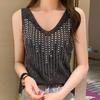 Women Vest V-Neck Sleeveless Shiny Hot Drill Decor Tank Tops Solid Color Knitting Camisole Parties Daily Wear