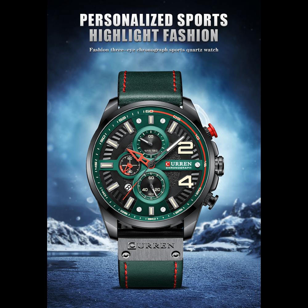 CURREN Мужские кожаные наручные часы с хронографом, модные зеленые мужские часы с дизайнерским циферблатом