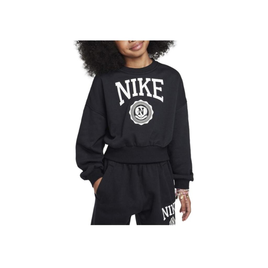 Nike Sportswear Club Fashion Crew Neck Pullover Long Sleeve Simple Versatile Kids Tops Black White HJ3373-010