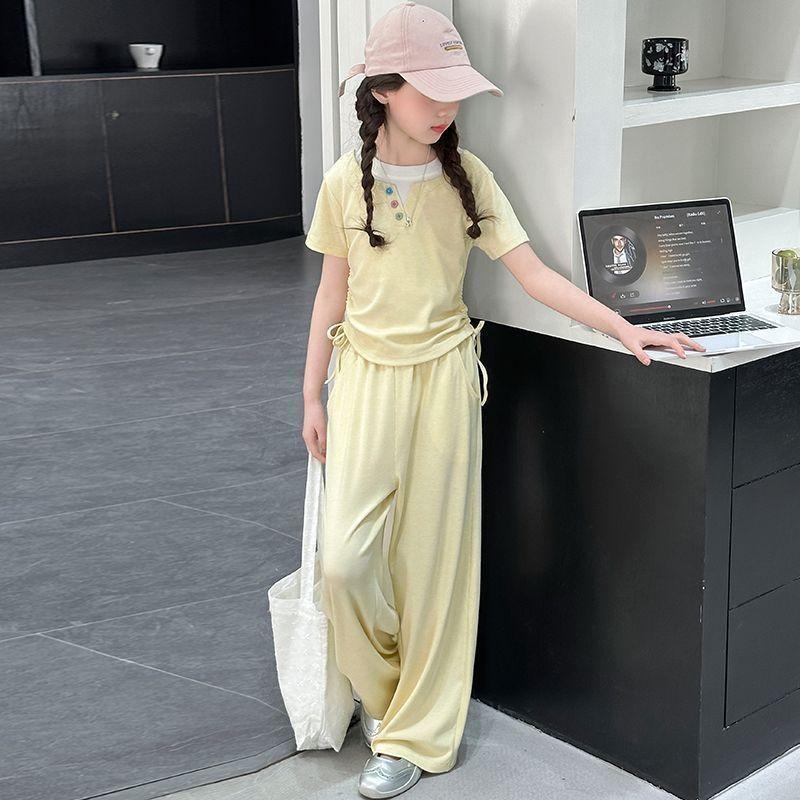 Girls' Summer Set Fashionable and Casual Children's Summer Short Sleeved Wide Legged Long Pants Two-piece Set