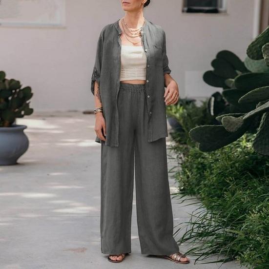 Women's Cotton Linen Two Piece Set Half Sleeve Button Down Shirt Wide Leg Pants Set Casual Tracksuit for Spring Summer Autumn