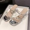 Transparent High-heeled Slippers Women's 2025 Summer Outer Wear New Fashion Square Crystal Thick-heeled Cool Slippers