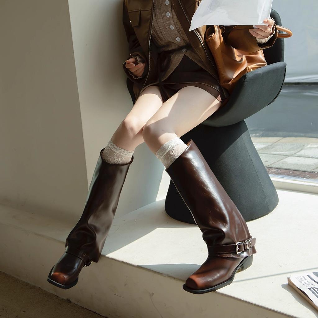 Polished Retro High Boots Women's 2025 New Niche Square Head Metal Buckle Knight Boots Old Trouser Boots Fashion Boots