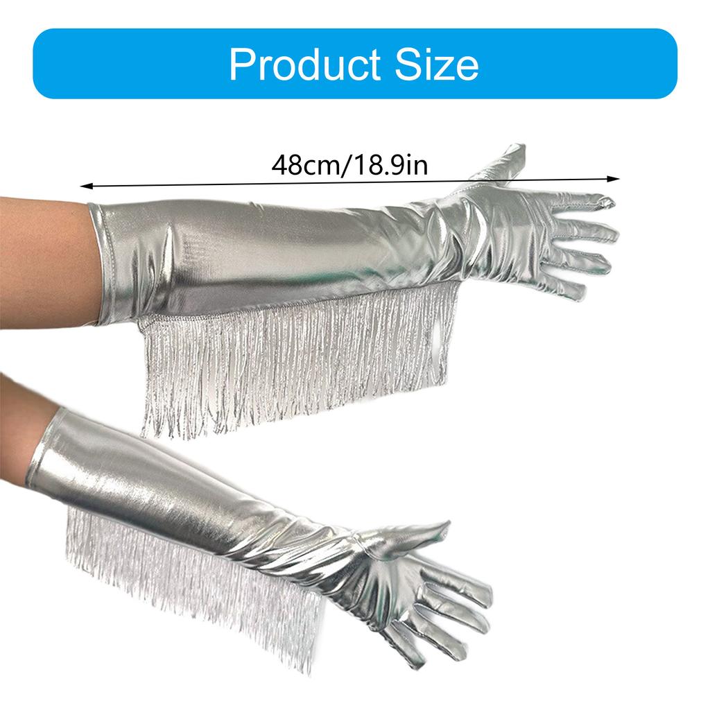 Блестящие серебряные перчатки с бахромой, идеально подходящие для женских сценических выступлений и коктейльных вечеринок в стиле 1920-х годов.