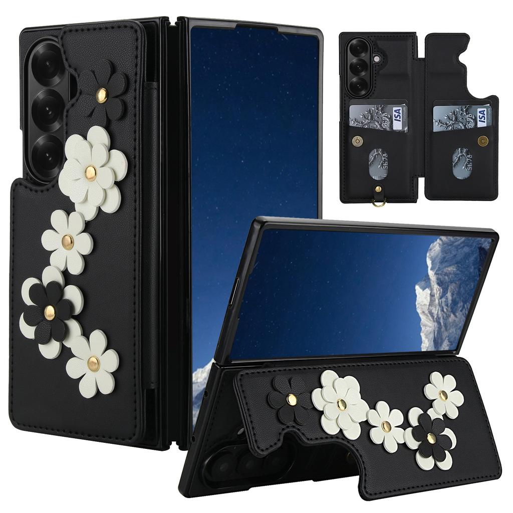 Наплечный чехол для телефона Samsung Galaxy Z Fold 7 Fold 6 5 4 Цветочный дизайн Слот для карт Кошелек-книжка Держатель Ремешок на руку Кожаный чехол