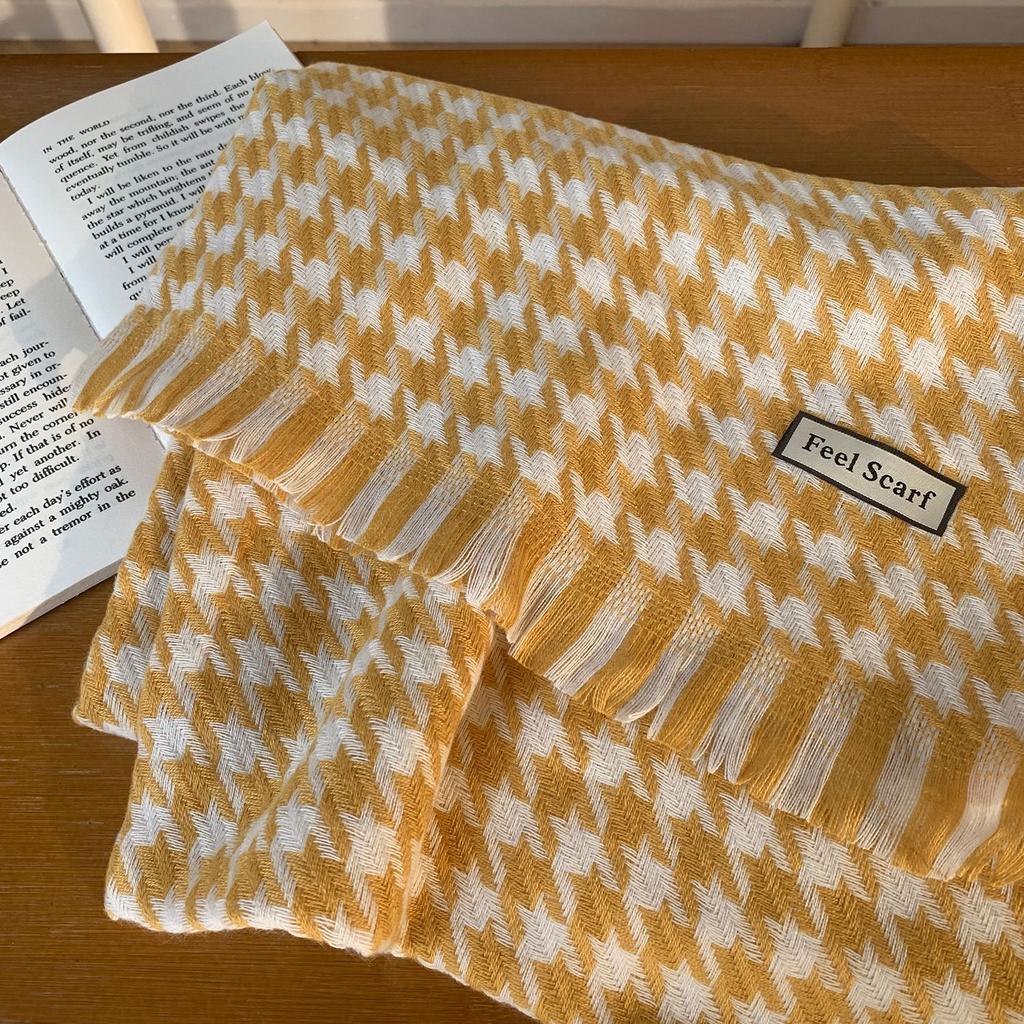 Winter Warm Couple Knitted Plaid Scarf Korean Style Versatile Tassel Contrast Color Houndstooth Scarf for Women