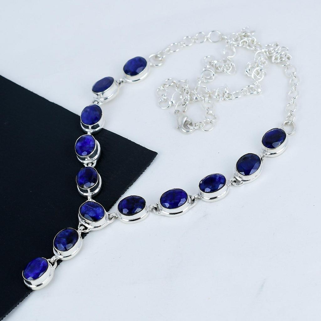 Красивое колье из серебра 925 пробы с синим сапфиром, серебряное колье с синим лабрадоритом для жены, унисекс, подарок