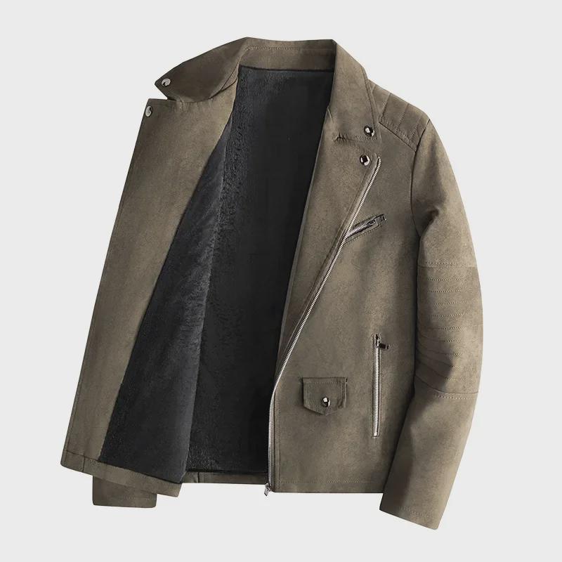 2024 Мужская повседневная мотоциклетная куртка из искусственной кожи с воротником в корейском стиле - легкая, на бархатной подкладке для осени и зимы