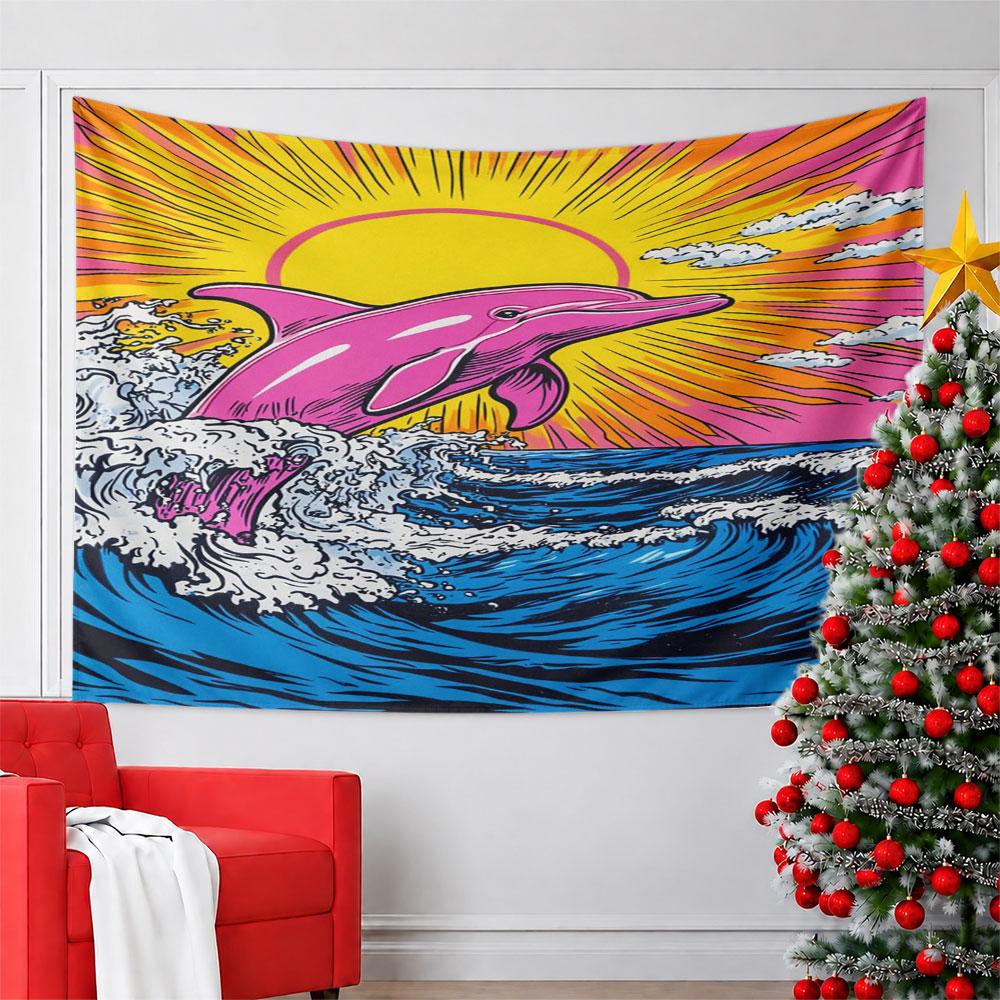 Pink Dolphin with Sunset Waves Pattern Wall Hanging Tapestry Decorative Tapestry Home Decor for Bedroom and Living Room