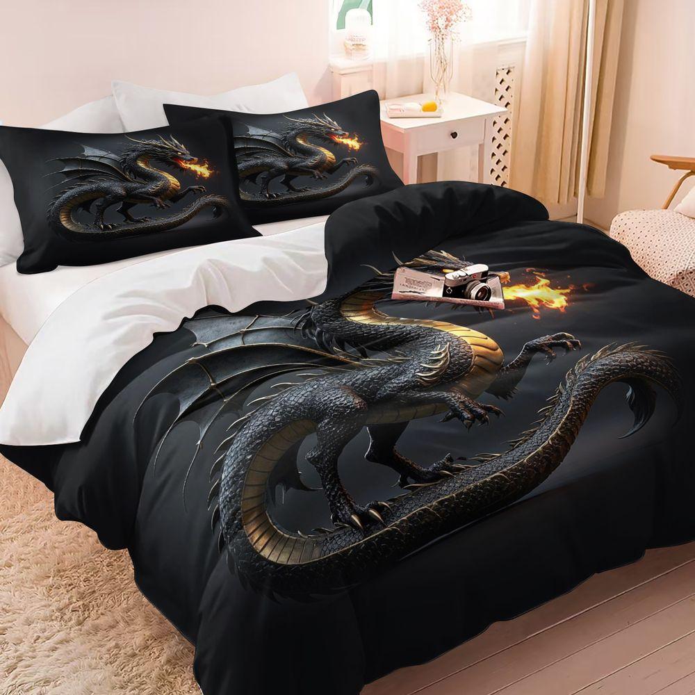 Fiery Dragon 3D Print Duvet Cover Set (1 Duvet Cover & 1/2 Pillowcase) Gothic Mythical Creature Bedding Set for Teen Boys Room
