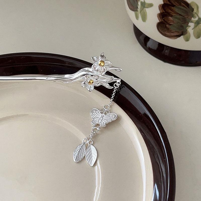 Серебряная заколка для волос с кисточкой «Нарцисс»: Современный китайский ханьфу, аксессуар для прически