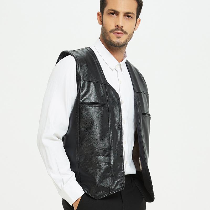 Мужская кожаная жилетка на флисовой подкладке с множеством карманов для осени и зимы - Стиль с V-образным вырезом для пап и пожилых людей