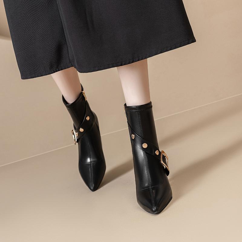 Модные зимние новые профилированные хлопковые ботинки женские с острыми заклепками и металлической пряжкой с боковой молнией, нескользящие ботильоны