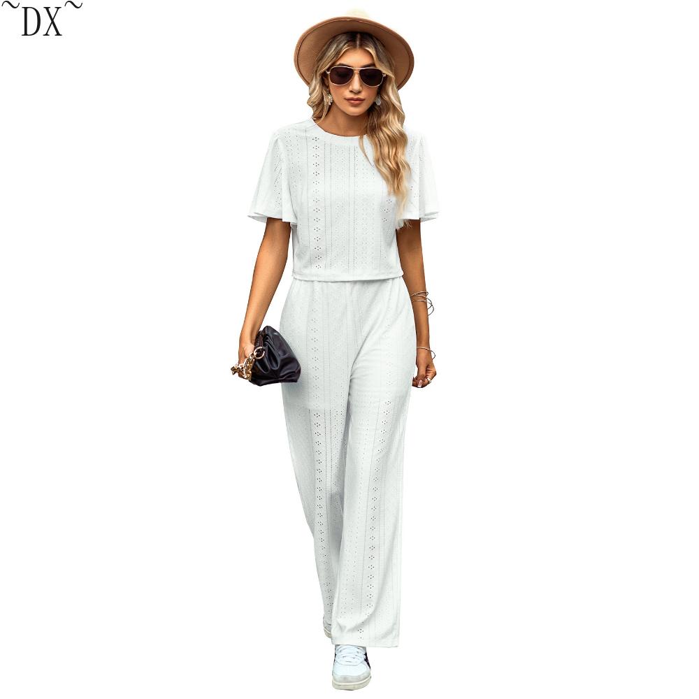 DX - весеннее и летнее новое желание, женский однотонный повседневный вязаный ажурный комплект с круглым вырезом для внешней торговли в Европе и Америке