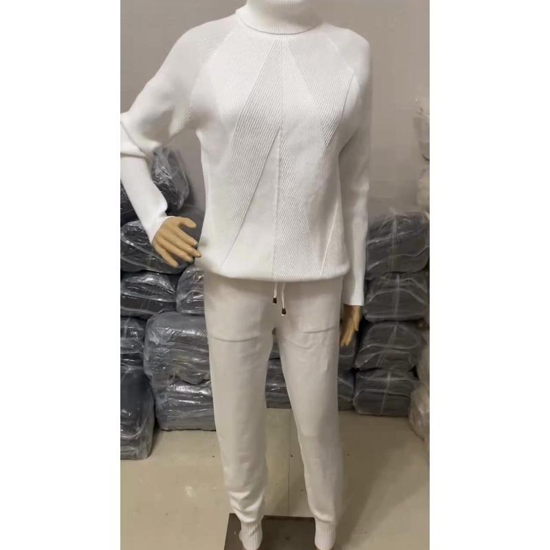 Women's Solid Color Sweater Set Fashion Casual Thread Turtleneck Pullovers Elastic Trousers Knitted Two Piece Sets Autumn Winter