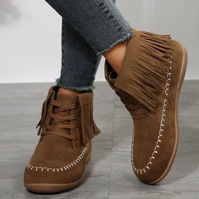 Модные женские ботинки 2025 Новая горячая распродажа Обувь для женщин На шнуровке Зимние Круглый носок Однотонные Флокированные С коротким голенищем Большой размер Кисточки Римские ботинки