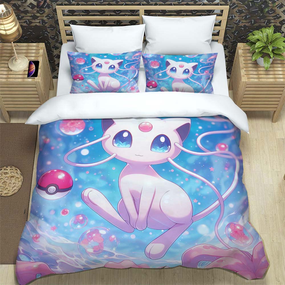 Cartoon Mewtwo print three-piece bedding set, including 1 duvet cover and 2 pillowcases, suitable for adults and children, 111