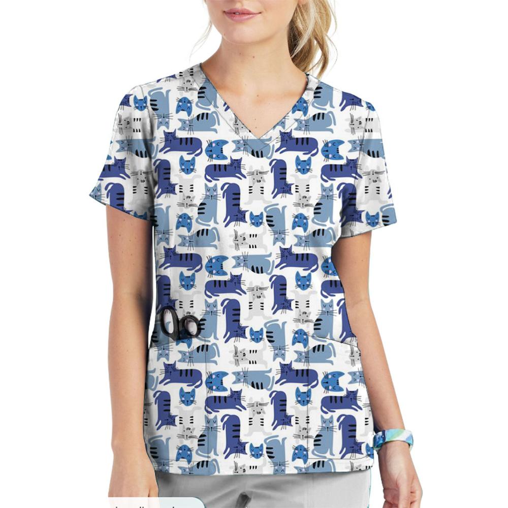 Animal Printed Pet Clinic Vet Work Uniforms Women Nurse Accessories Hospital Doctor Nursing T-Shirt Medical Scrubs Clothes Tops