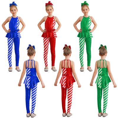 Детский рождественский костюм Комбинезон без рукавов с открытой спиной и баской, с высокой талией, в полоску и с пайетками