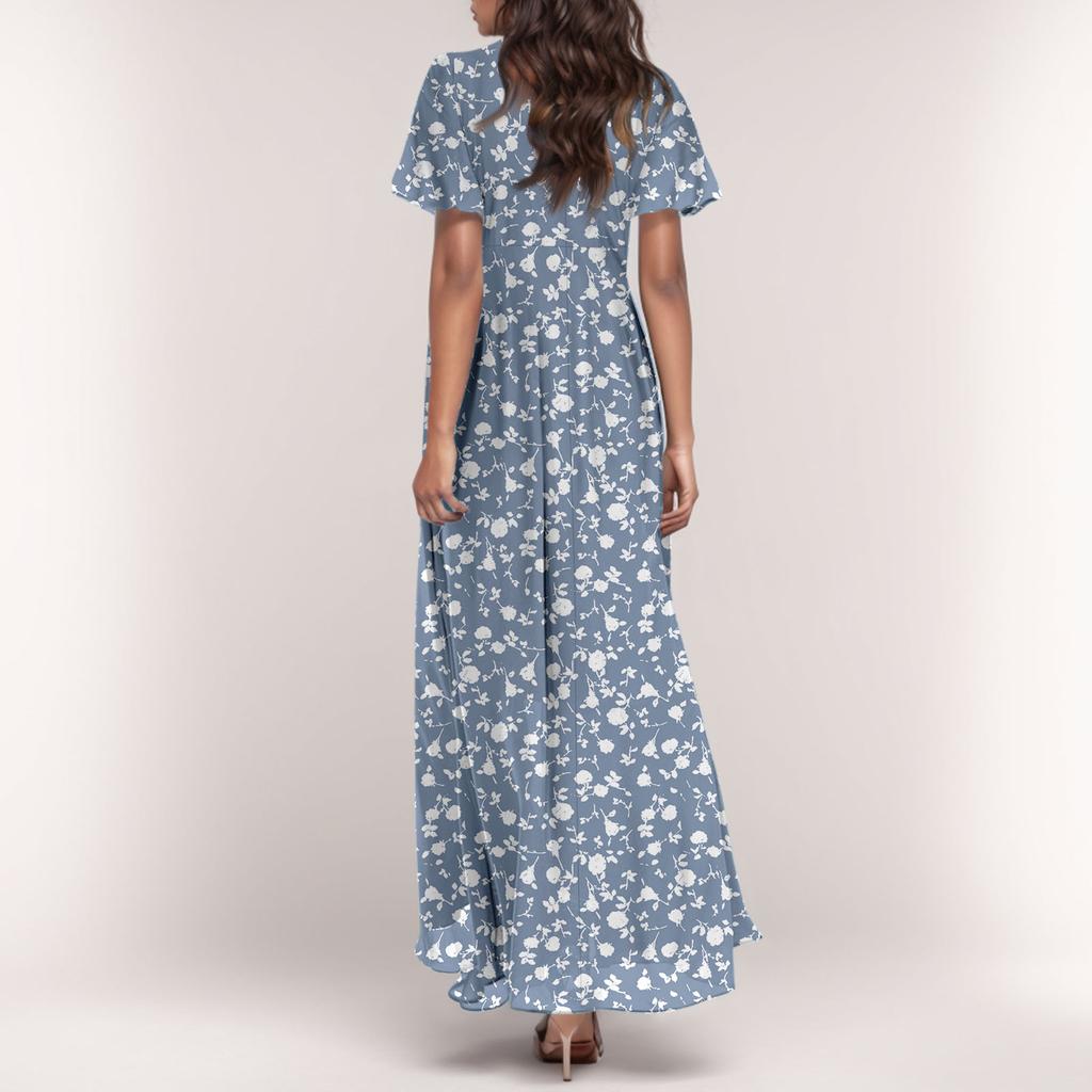 Женские летние платья Повседневные платья макси с короткими рукавами Милые макси-платья с цветочным принтом Платья для гостей свадьбы Шифоновые струящиеся платья