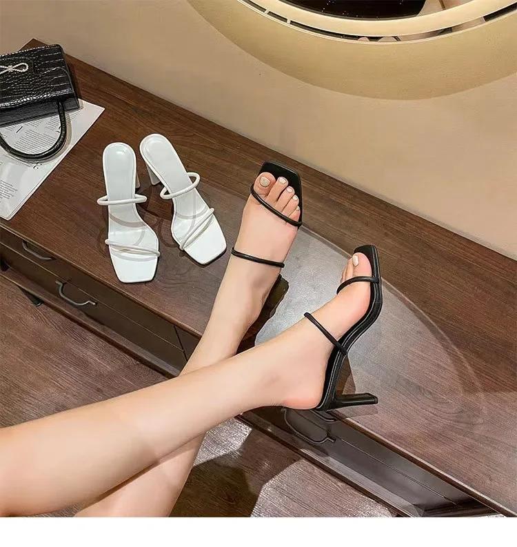 Туфли на высоком каблуке для женщин, новые женские туфли, летние туфли с квадратной головкой, одна линия, классные тапочки, тапочки на толстом каблуке