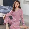 Большой размер женский пижамный комплект хлопковые брюки с длинными рукавами студенческая домашняя одежда из двух частей кардиган с отворотами женский пижамный комплект