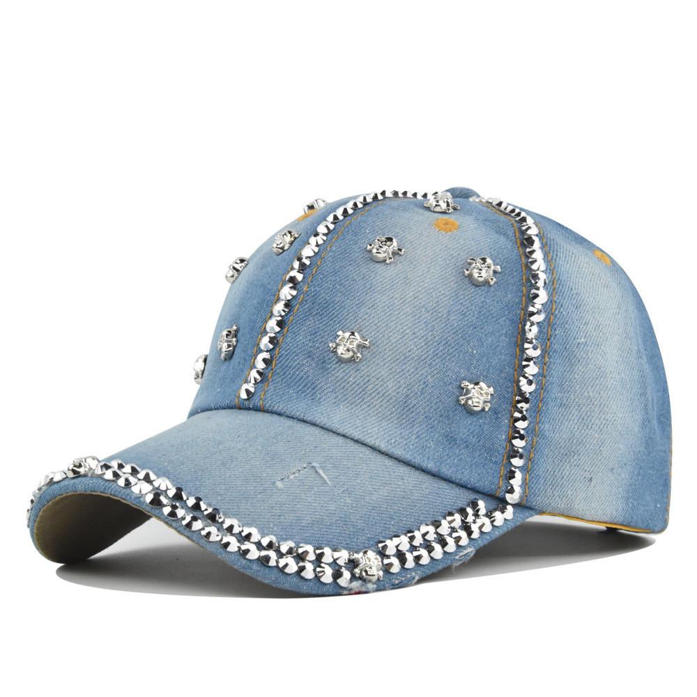 Skull Head Rhinestone Denim Baseball Cap With Hole Diamond Cowboy Duck Tongue Couple Sun Hat Co931-1 Navy Blue