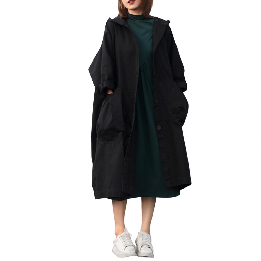 Осень-весна Женское пальто с капюшоном, однобортное, с длинными рукавами, свободный кардиган, длина до середины икры, с завязками, с большими карманами