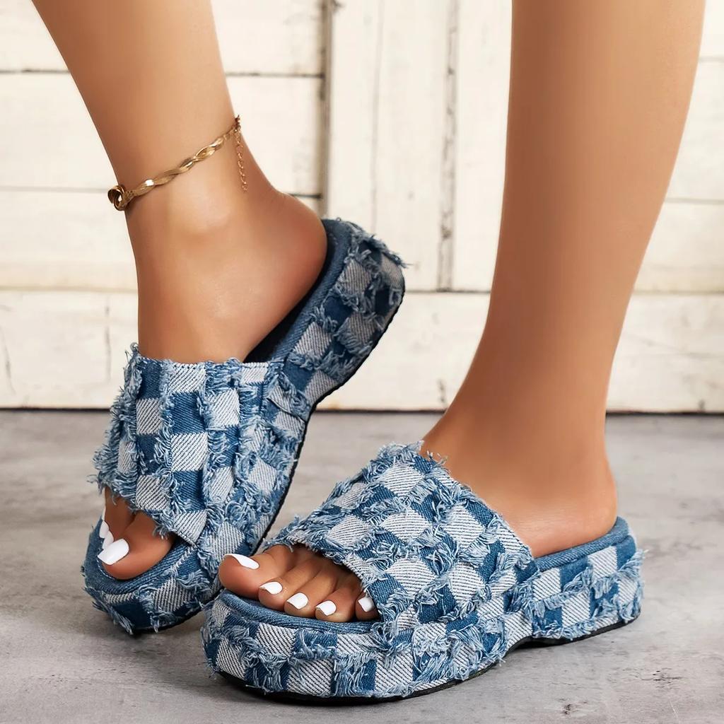 Fashion Summer Women's New Thick Soled Denim Sandals Personality European and American Style Large Size 43 Designer Exclusive Design