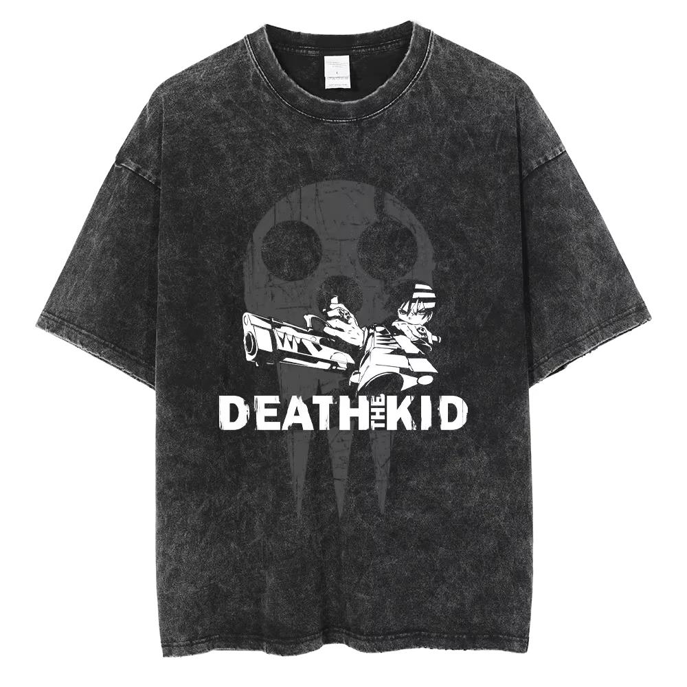 Summer Hot Sale Vintage Washed Anime Soul Eater Harajuku Vintage Washed Tshirt Y2k Men Women Print Crew Neck Casual T Shirt