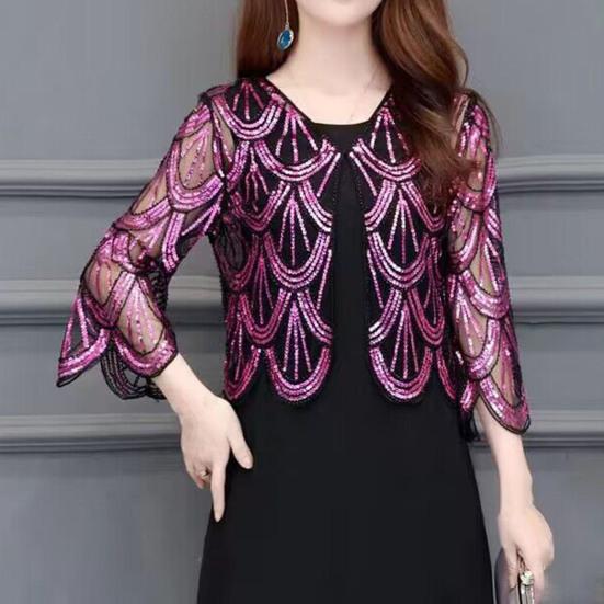 Женский кардиган с блестками, прозрачная сетка, свободные рукава с половиной рукава, симметричный тонкий V-образный вырез для выпускного, вечерние, летняя верхняя одежда, пальто