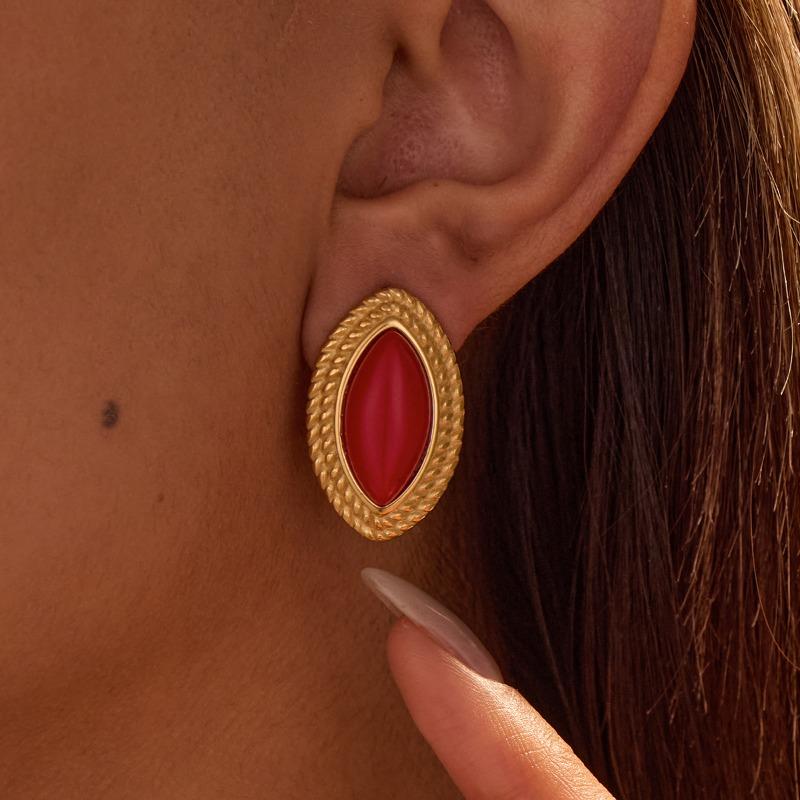 GEMCHIC Women's Vintage Marquise Shape Stud Earrings 18K Gold Plated Stainless Steel Colorful Geometric Fashion Jewelry