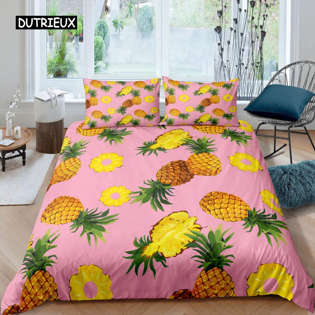 Комплект постельного белья с рисунком ананаса, размер King, желтый, геометрический, с рисунком ананаса, наволочка с принтом фруктов и морем